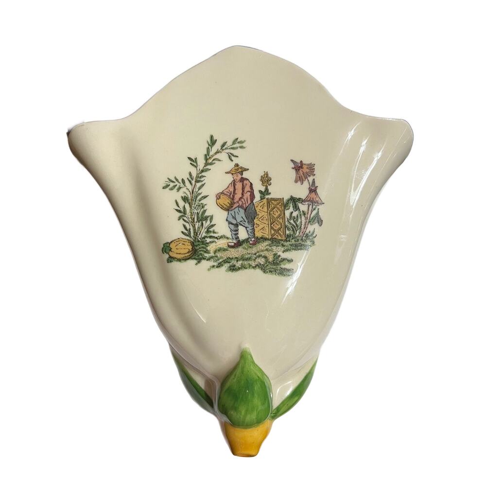 VTG Large Japanese Scene Porcelain Flower Wall Pocket Vase 7.25" X 9"